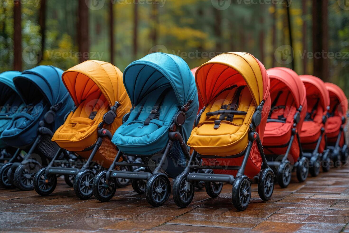 Many empty colorful baby strollers standing in line in autumn park photo
