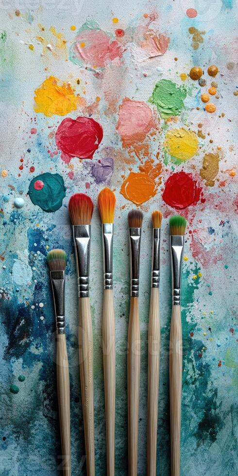 Colorful paintbrushes on a vibrant palette with paint. photo