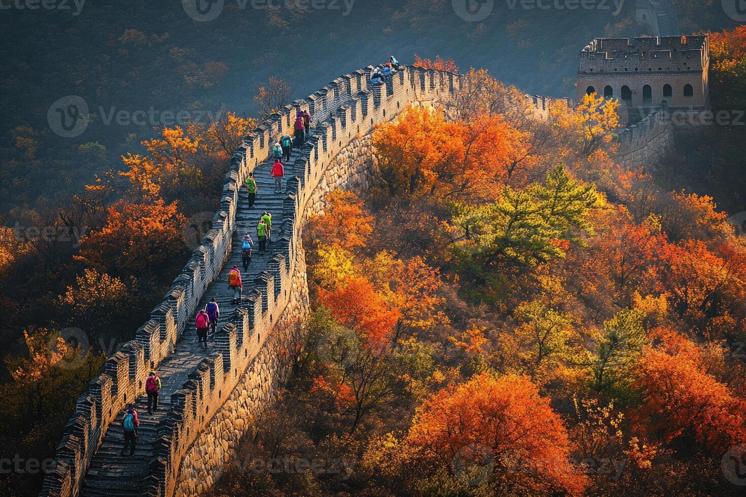 Great Wall of China with autumn foliage and tourists. photo