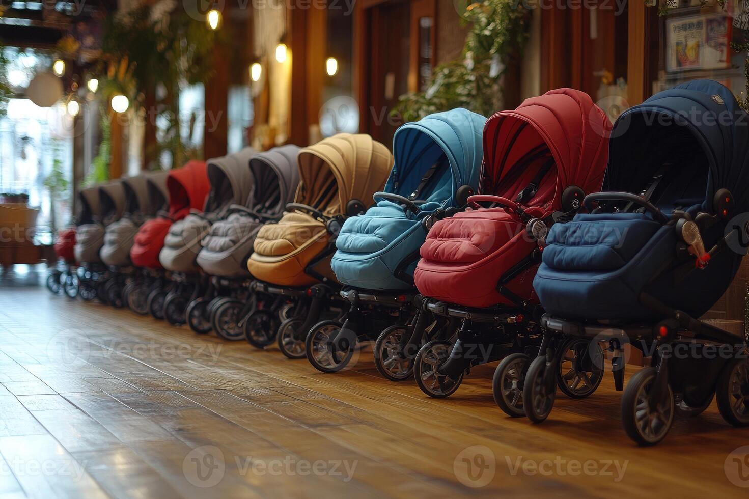 Many empty colorful baby strollers standing in line in autumn park photo
