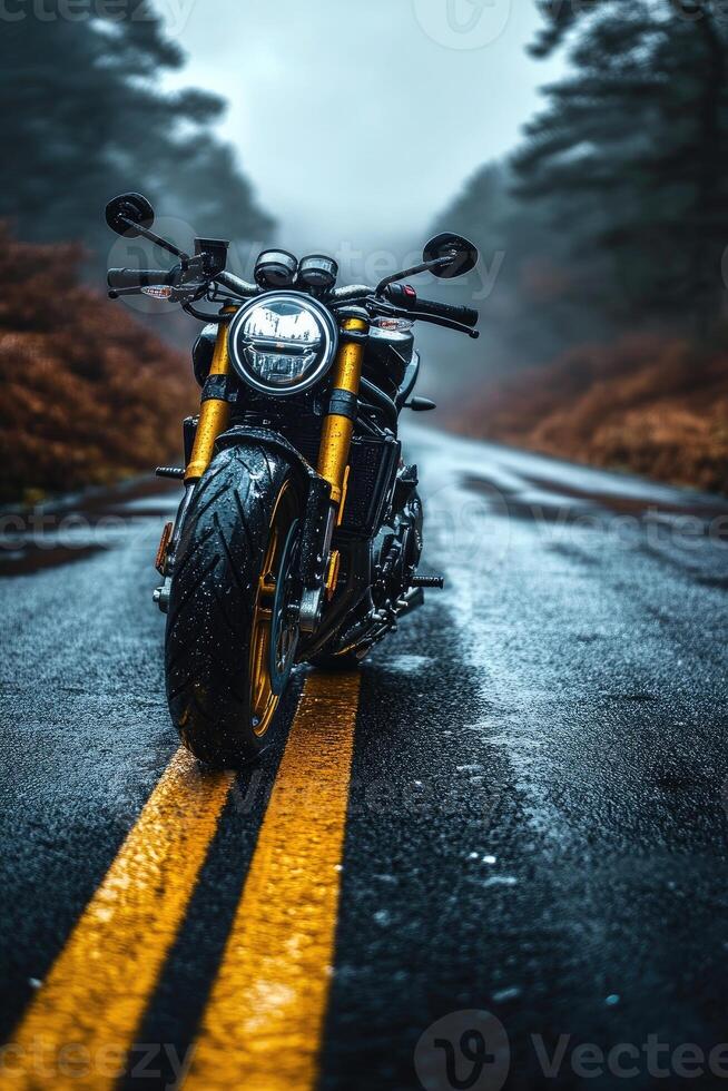 A stunning motorcycle parked on a rural road at sunset, highlighting its metallic parts against a dramatic sky, symbolizing freedom and adventure in a modern, artistic style. photo