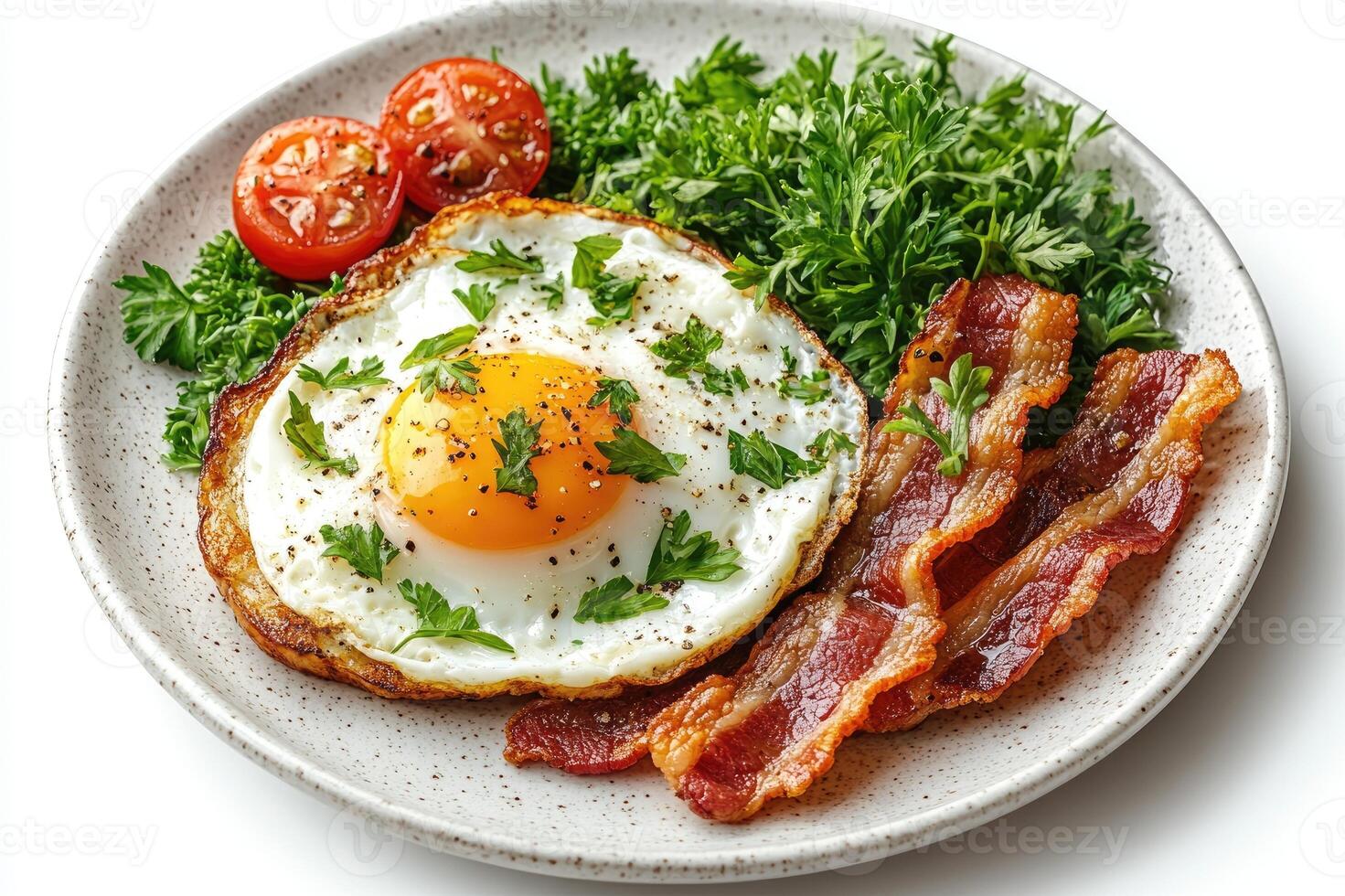 Delicious crispy bacon and fried eggs breakfast with thyme for seasoning photo