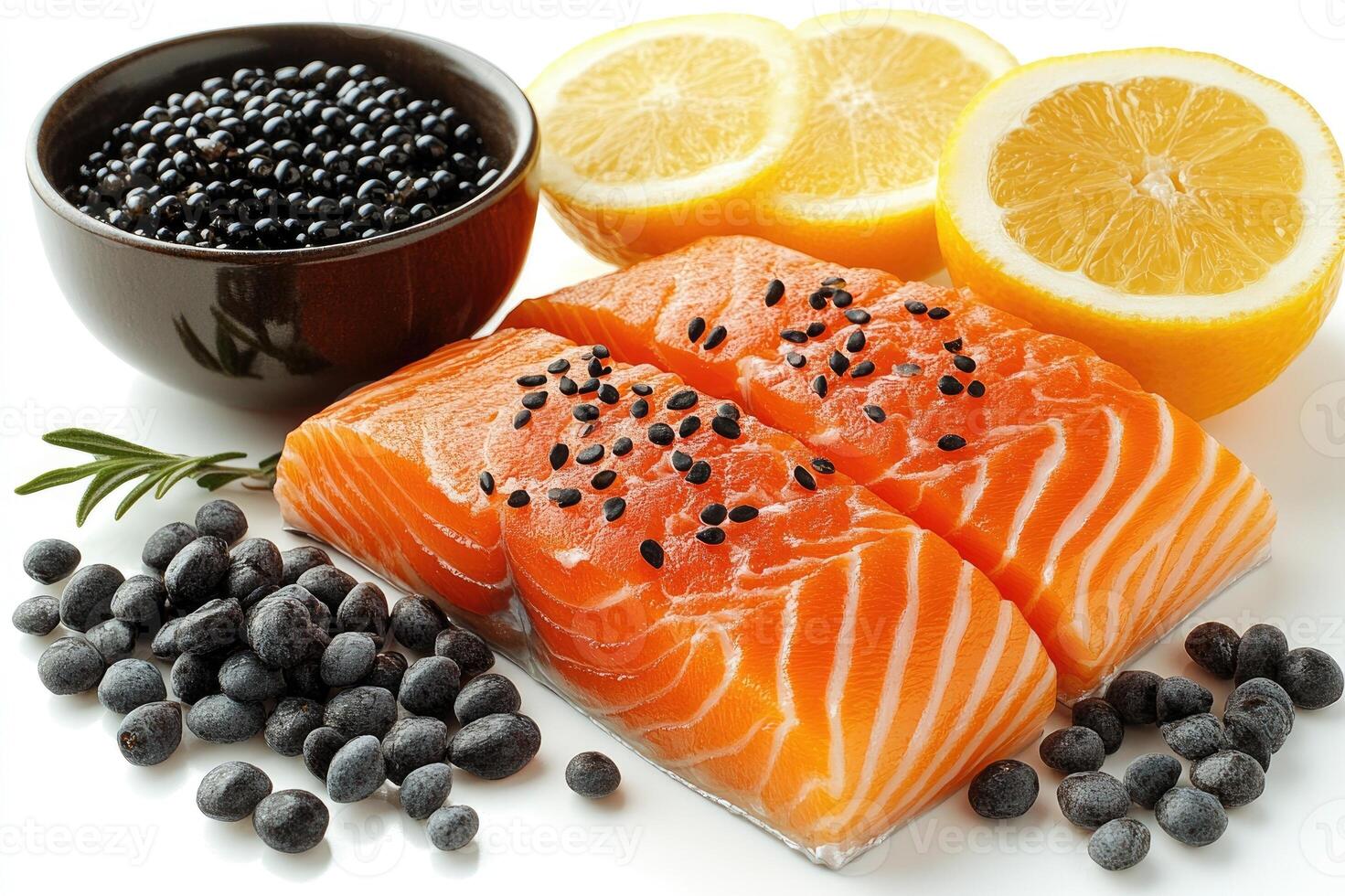 Fresh salmon fillet seasoned with salt and peppercorns on a cutting board photo