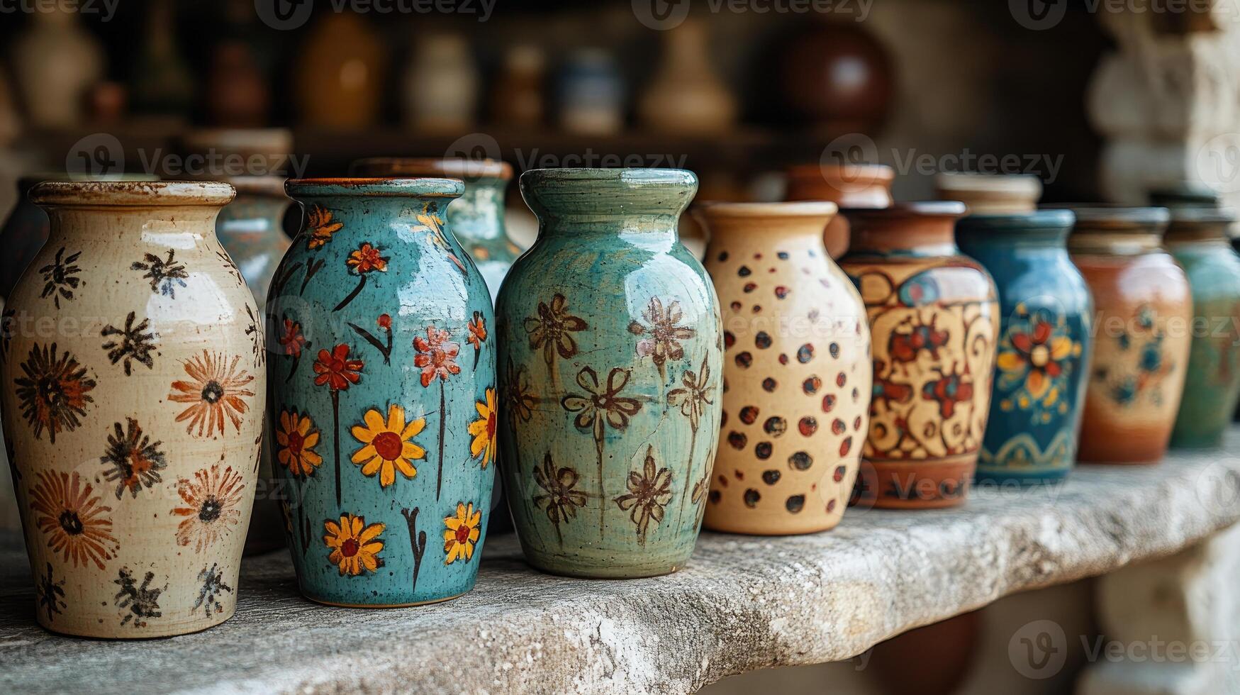 Colorful decorated pottery standing in a row on a shelf in a pottery workshop photo