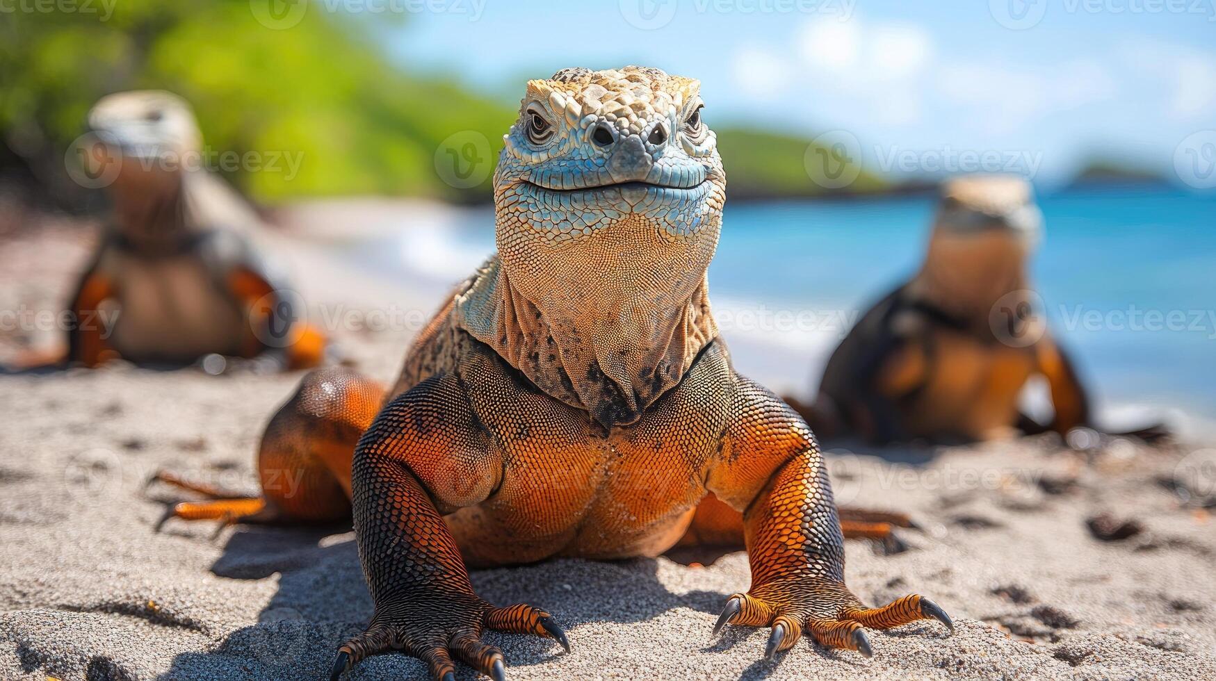Iguanas enjoying sunny beach on tropical island photo