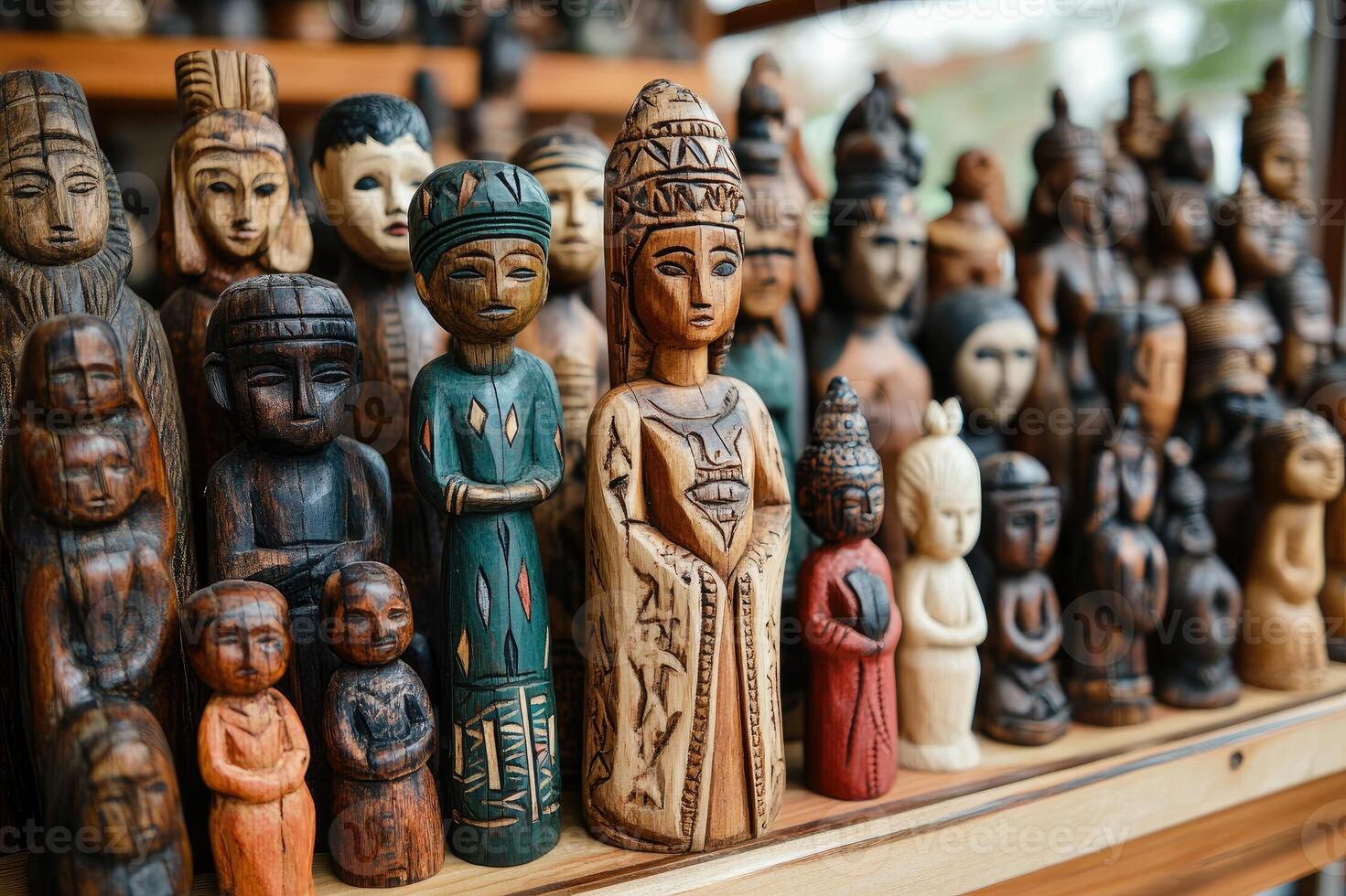 Row of traditional balinese wooden statues carved for selling to tourists photo