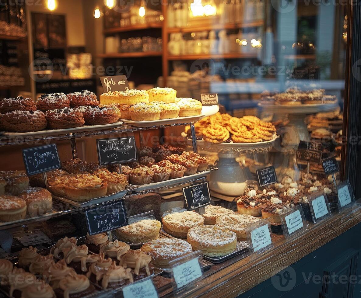 Assortment of desserts with fruits, displayed on a wooden counter under lighting. photo