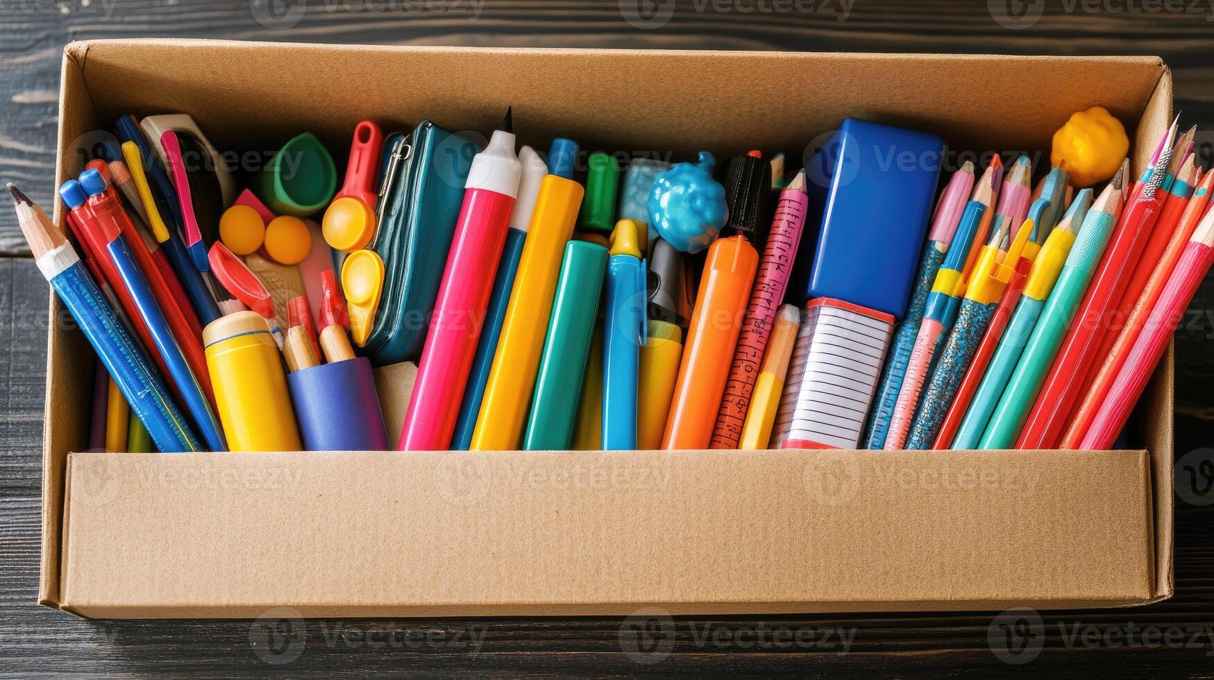 Teacher preparing colorful school supplies and stationery inside cardboard boxes photo