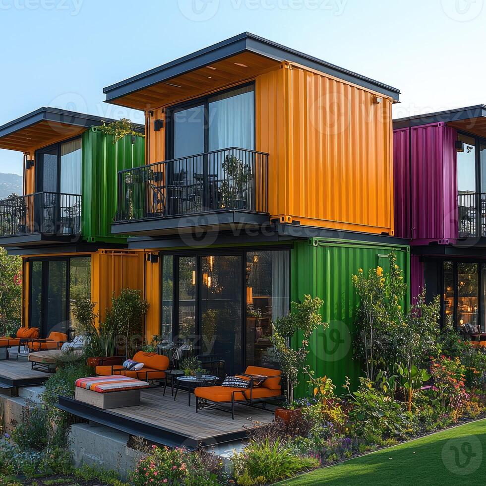 Modern container house with large windows overlooking tropical garden photo