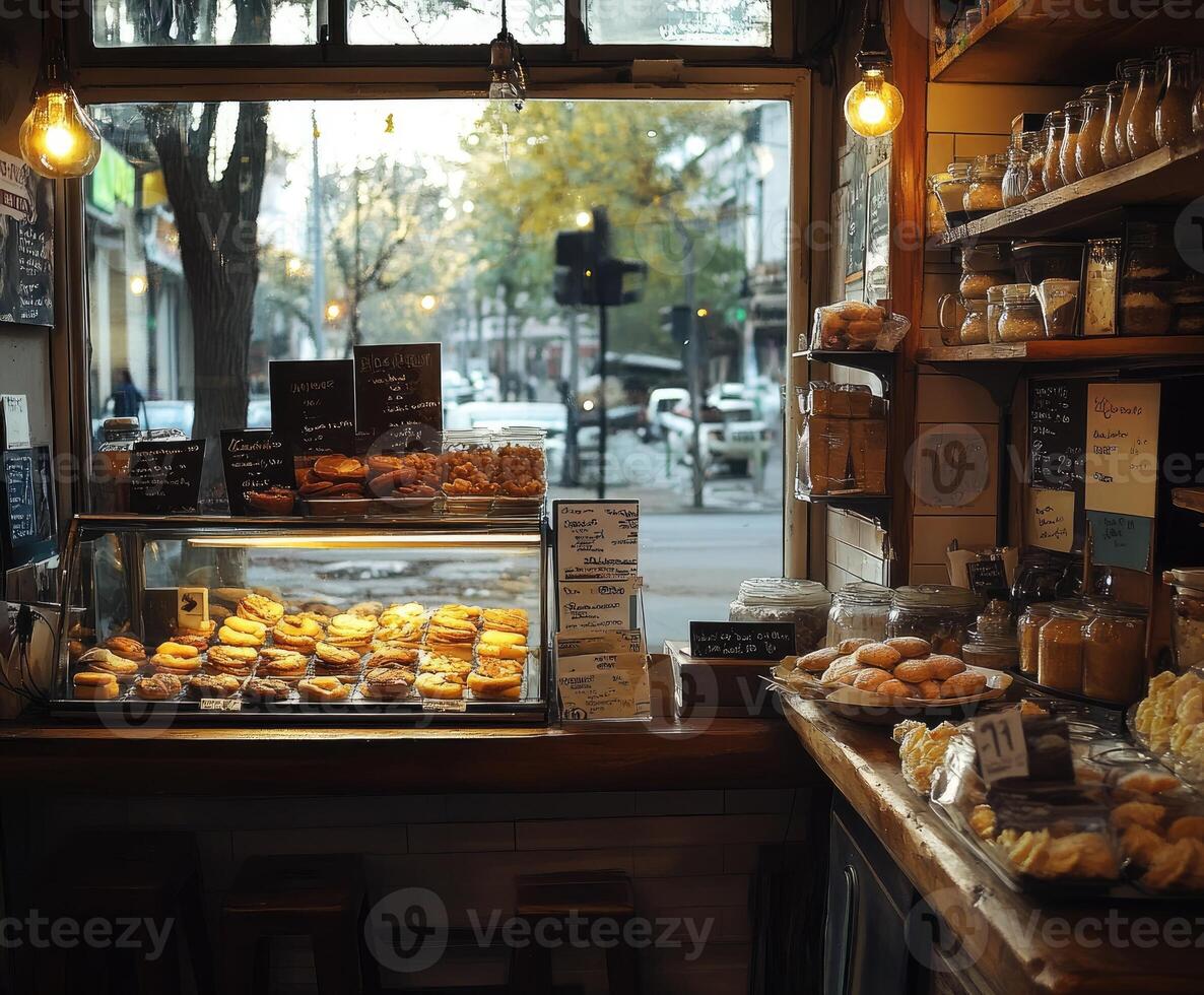 Assortment of desserts with fruits, displayed on a wooden counter under lighting. photo