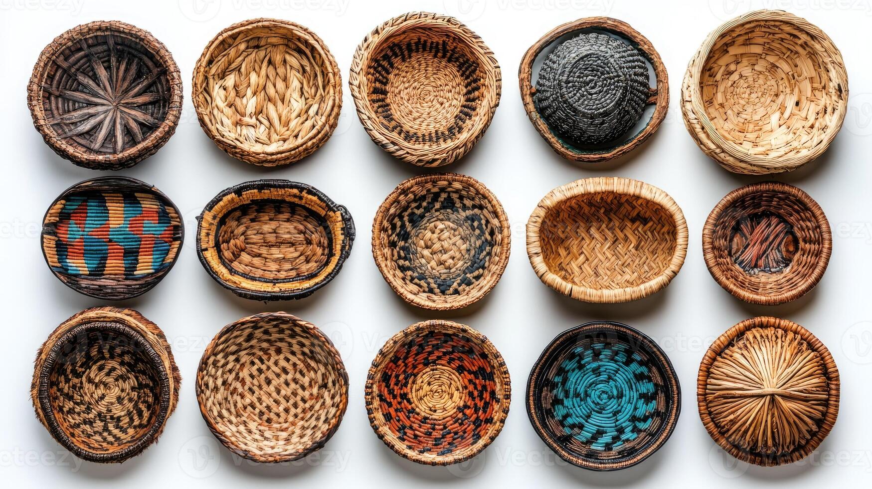 Colorful decorated pottery standing in a row on a shelf in a pottery workshop photo