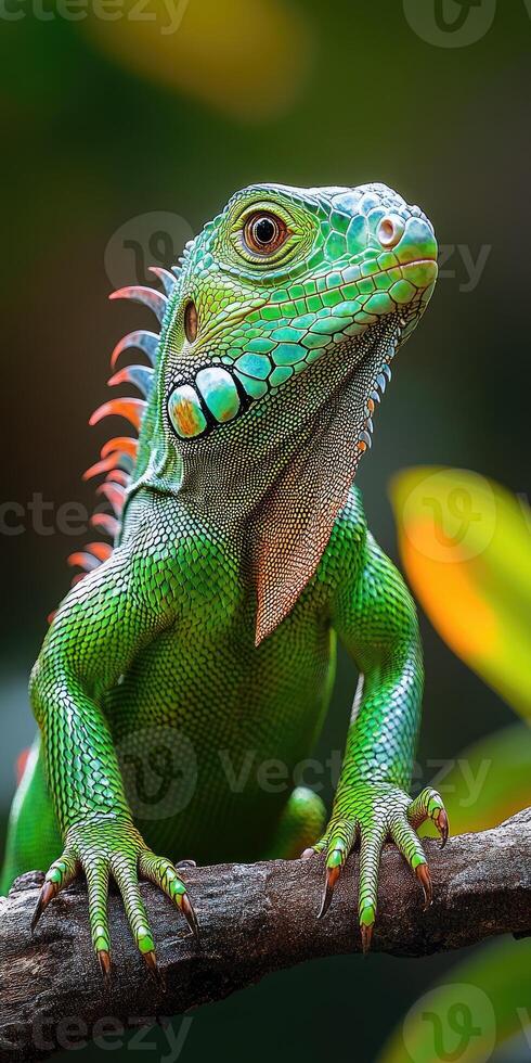 Green iguana posing on a branch in a tropical forest photo