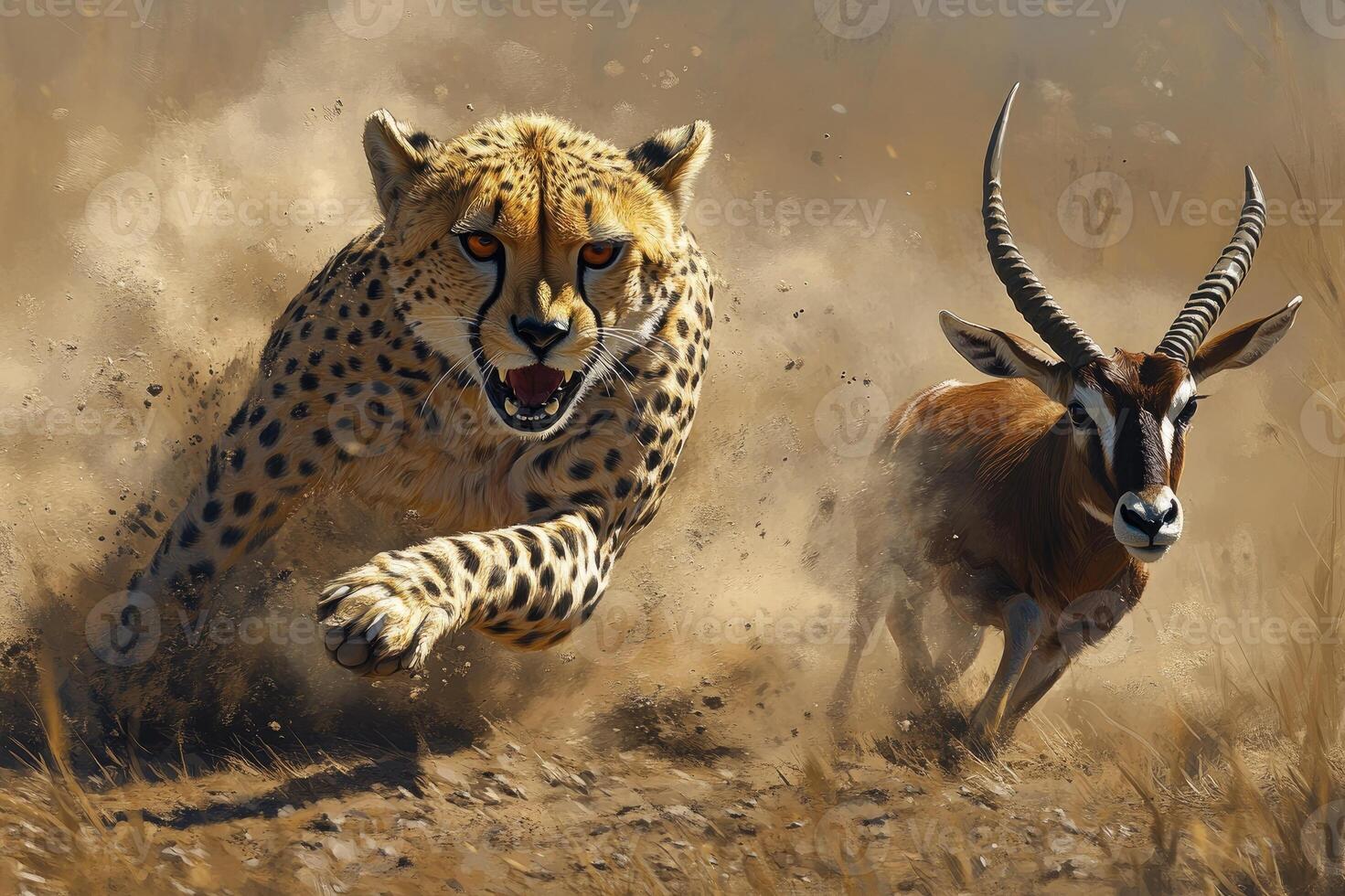 Cheetah chasing springbok gazelle during golden hour photo