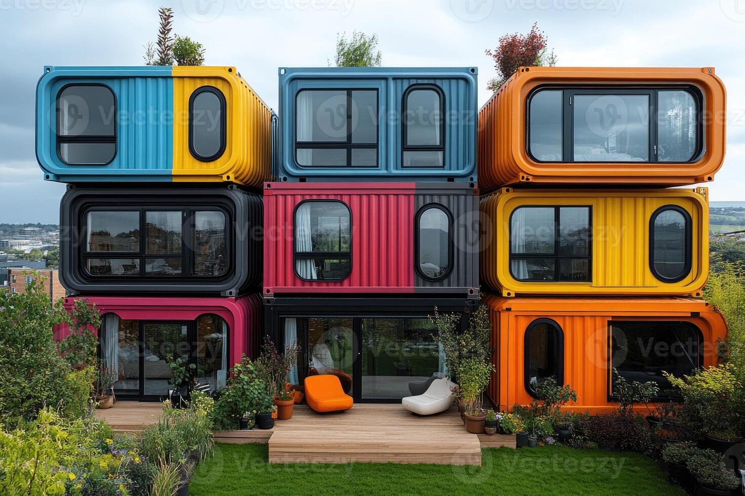 Modern container house with large windows overlooking tropical garden photo
