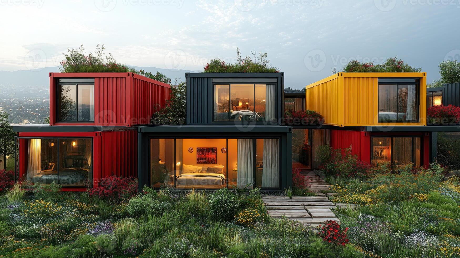 Modern container house with large windows overlooking tropical garden photo