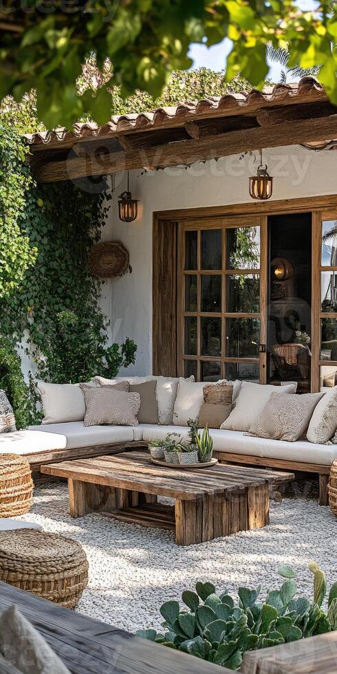 Cozy outdoor lounge with wooden furniture and plants photo