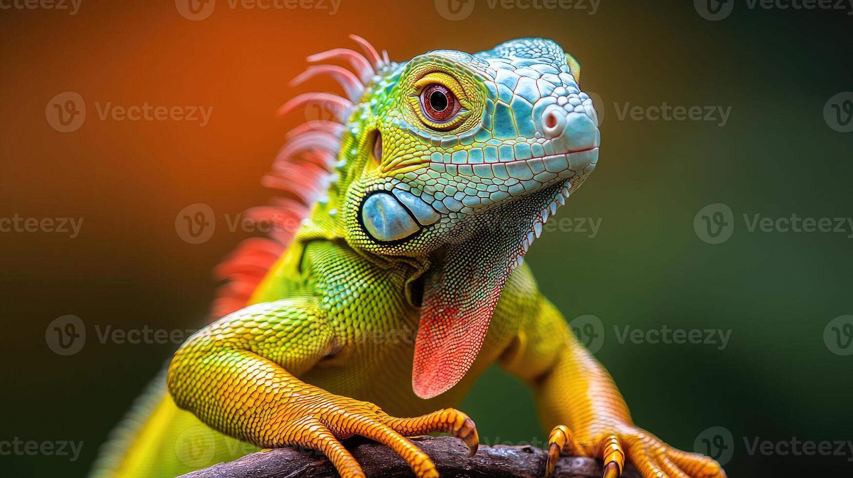 Green iguana posing on a branch in a tropical forest photo
