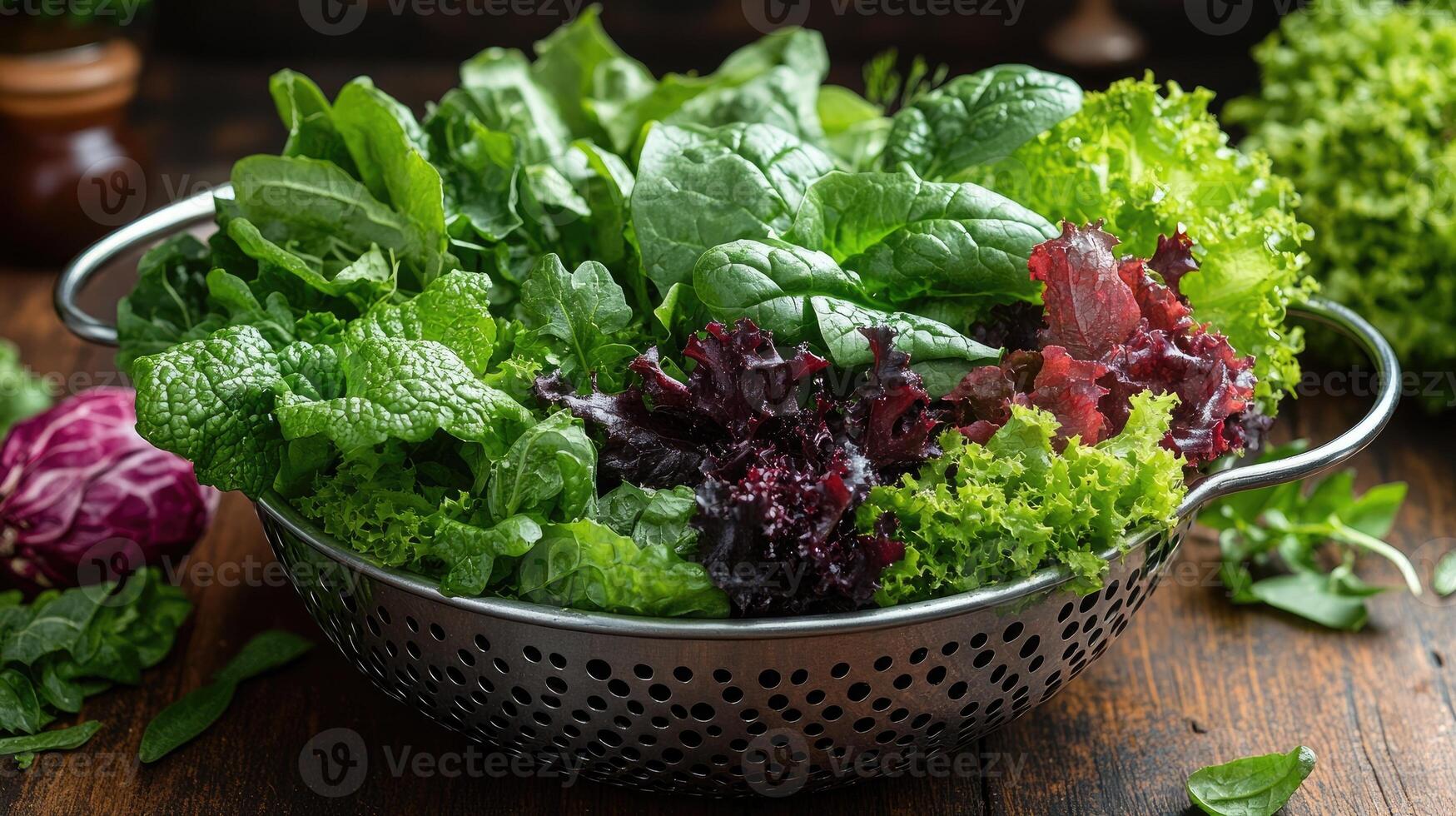 Freshly washed green and red leaf lettuce in colander photo