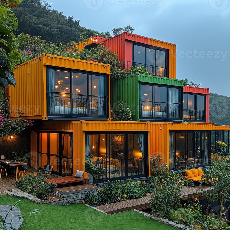Modern container house with large windows overlooking tropical garden photo