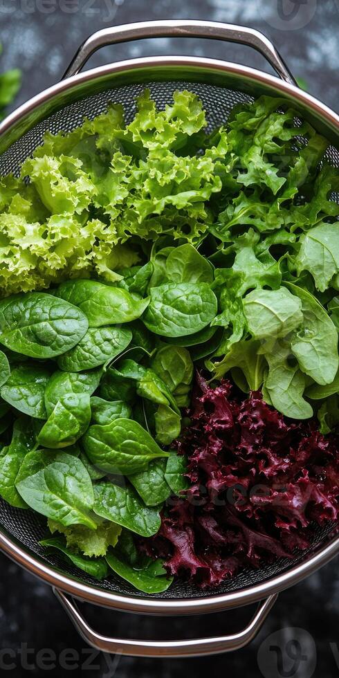 Freshly washed green and red leaf lettuce in colander photo