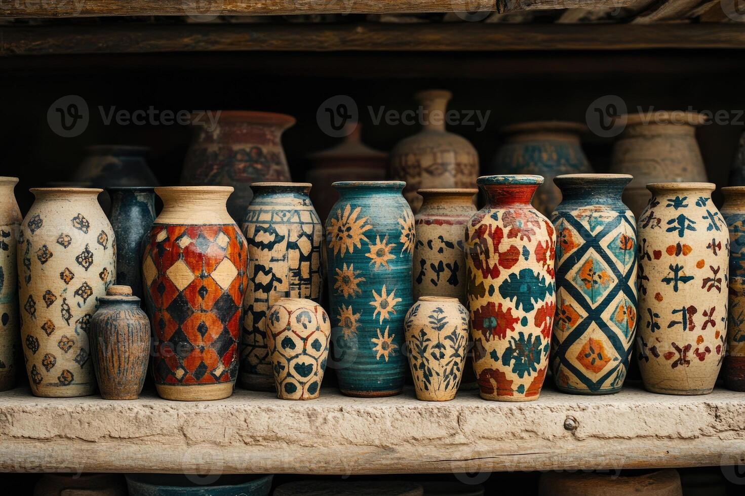 Colorful decorated pottery standing in a row on a shelf in a pottery workshop photo