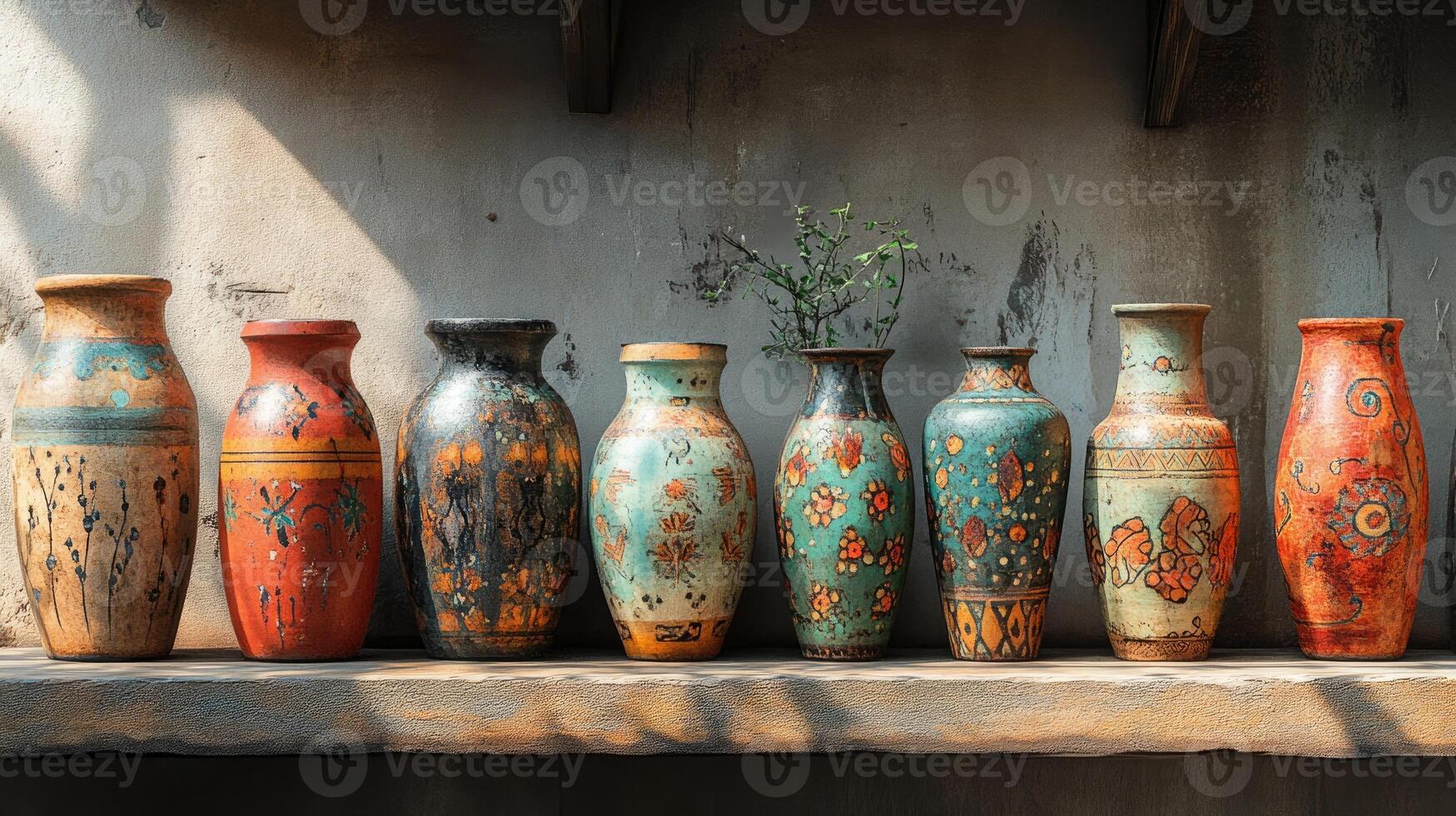 Colorful decorated pottery standing in a row on a shelf in a pottery workshop photo