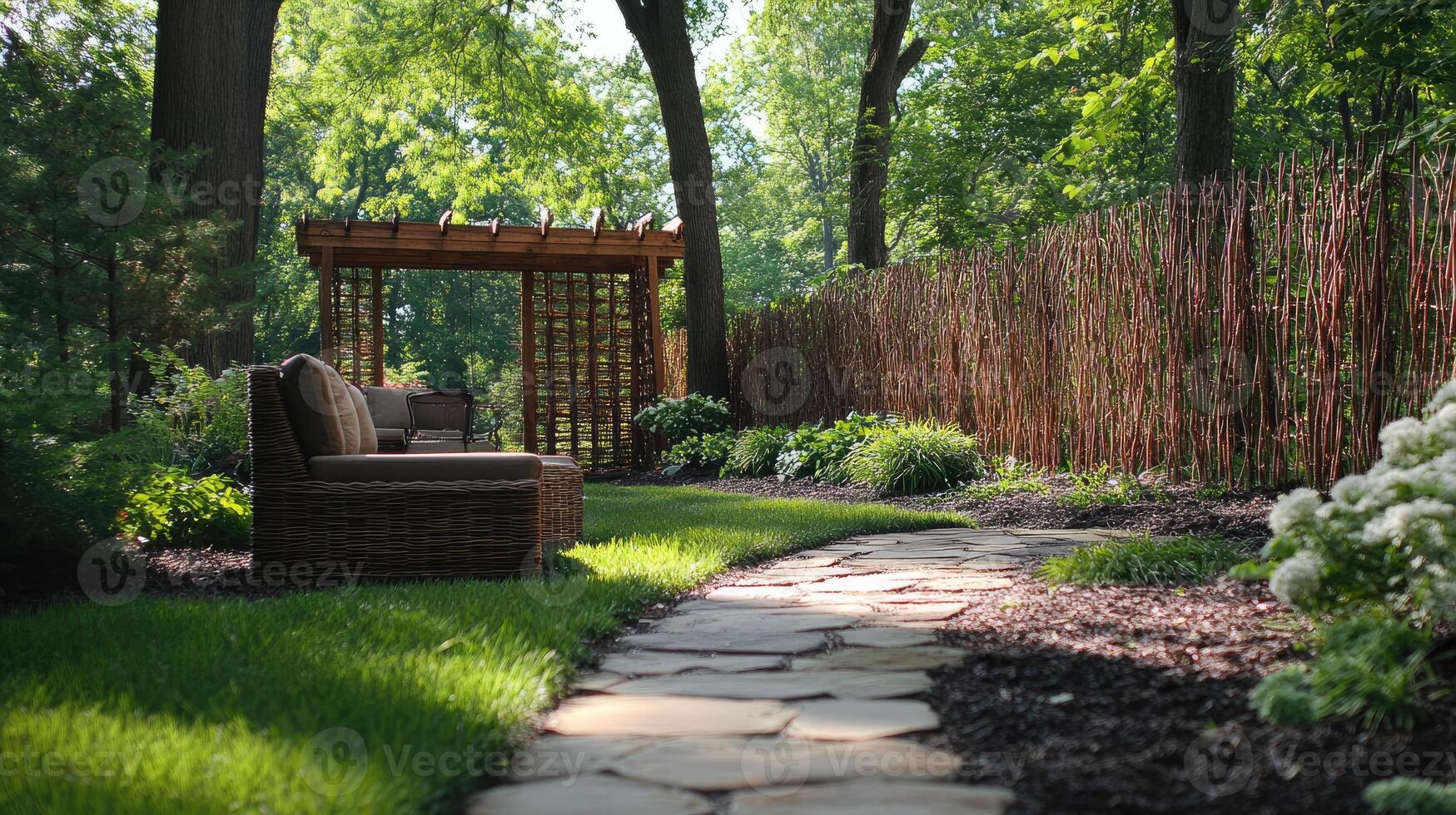 Modern wooden pergola with outdoor seating in garden. photo