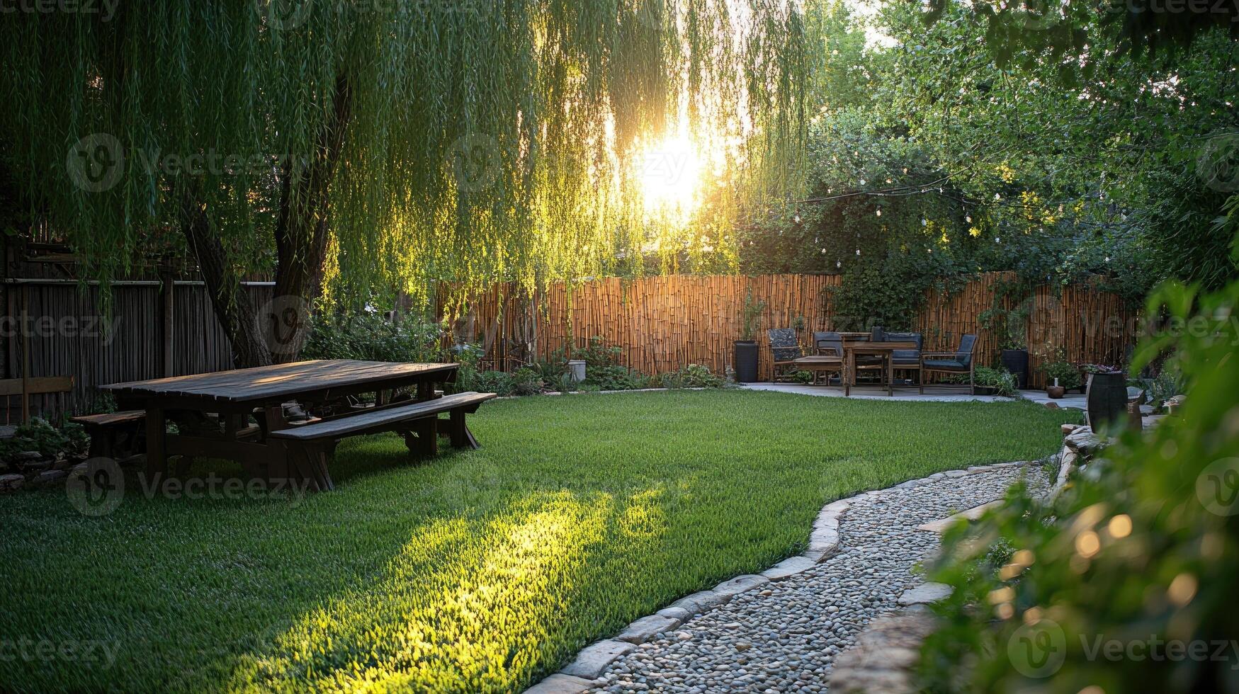 Modern wooden pergola with outdoor seating in garden. photo