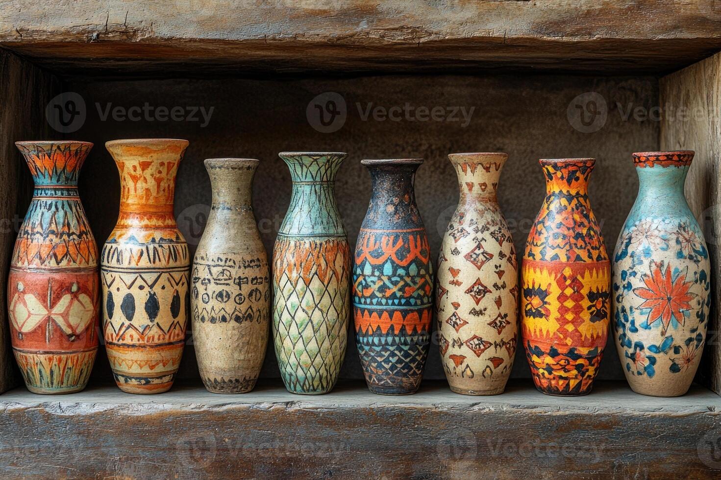 Colorful decorated pottery standing in a row on a shelf in a pottery workshop photo