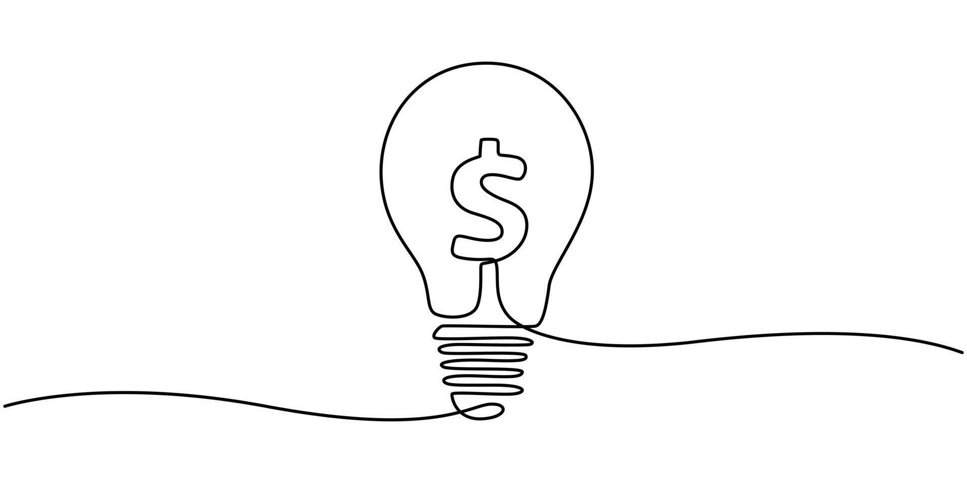 Single one line drawing bulb with dollar sign vector