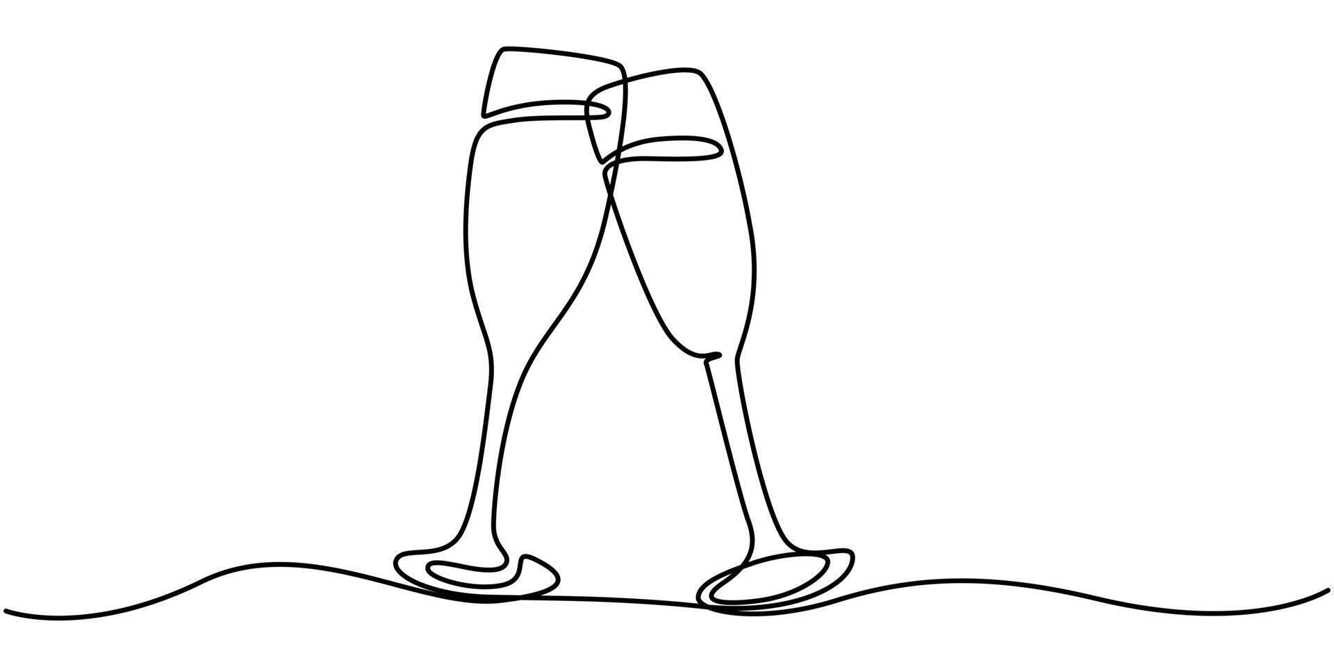 Continuous linear couple wine glasses clink vector