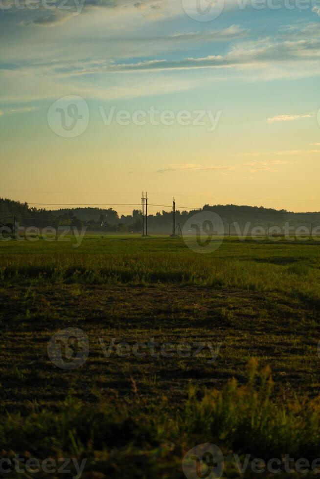 View of the field in the evening in the village. The clouds photo