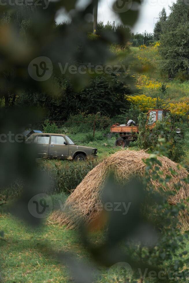 A rustic courtyard. A haystack. In the background is an old car and a tractor photo