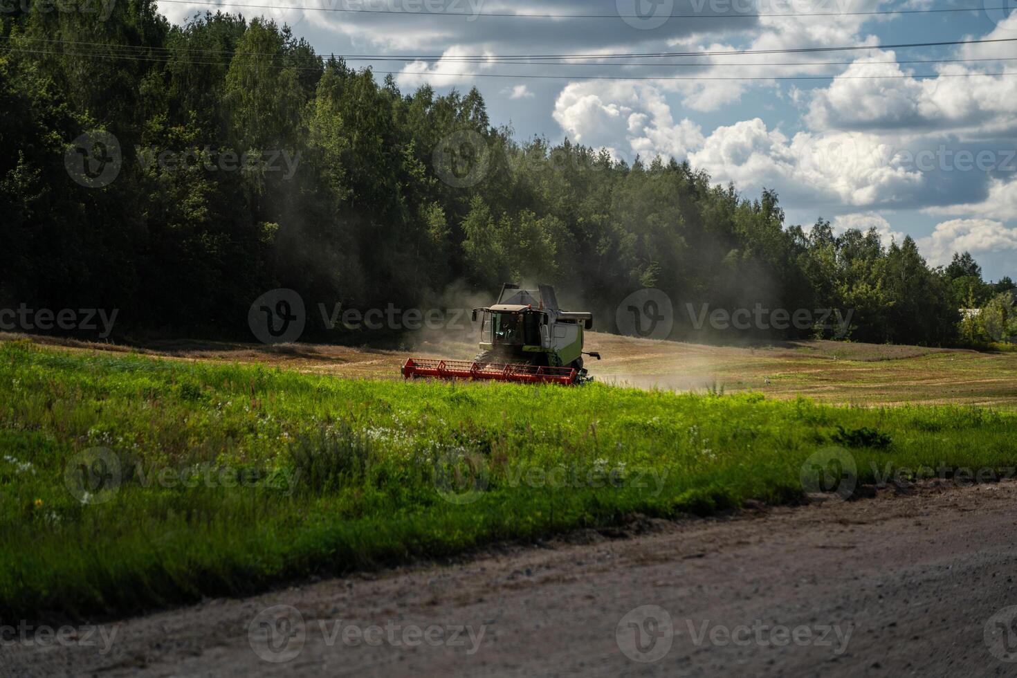 The harvester harvests in the field. The harvester is working in the field photo