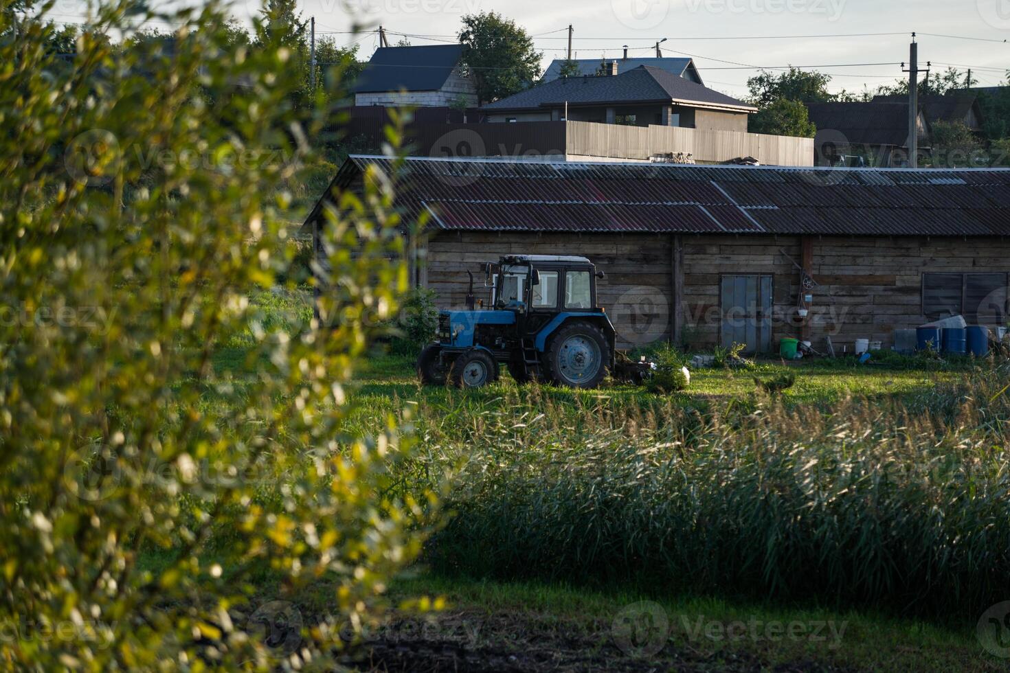 Blue tractor in the evening, at sunset after a hard day's work.A green field photo
