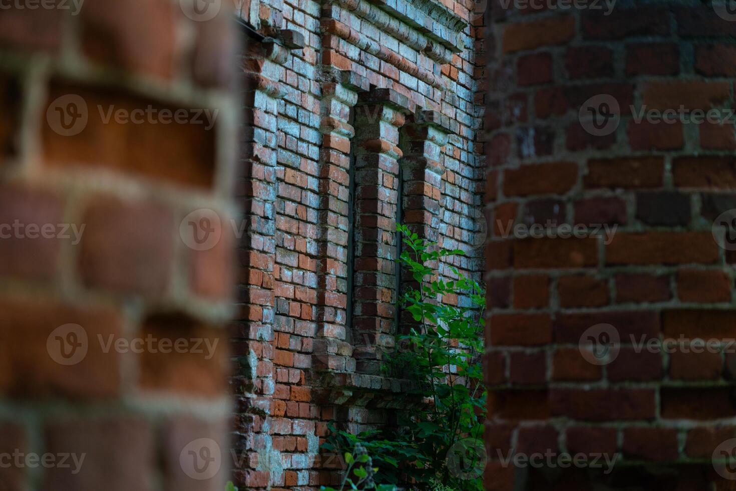 Vertical, old building windows through brick columns, framing photo
