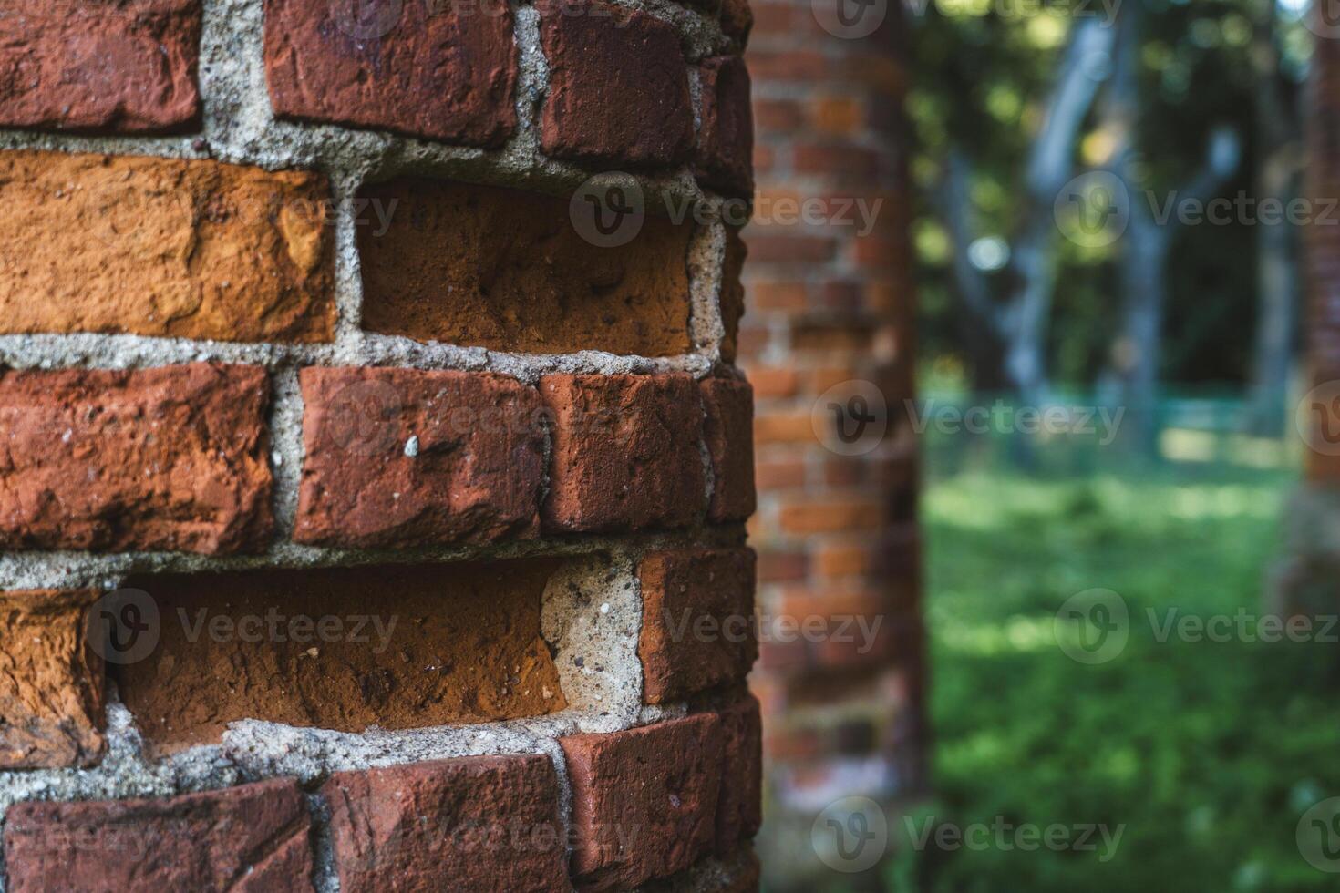 Old, ruined red brick columns. The entrance to the old, ruined stable photo
