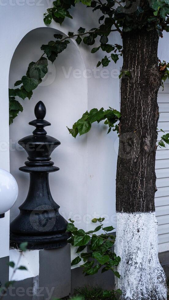 A huge chess piece in the wall. The tree grows nearby photo