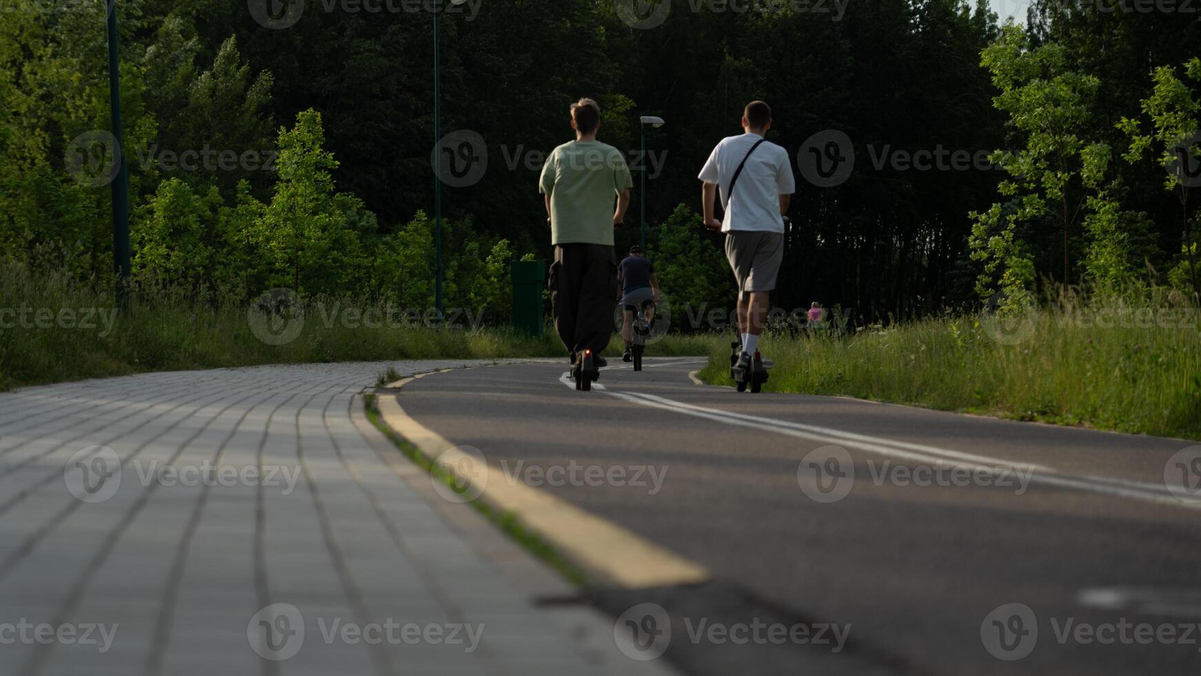 Two scooters ride along a bike path in a forest park photo