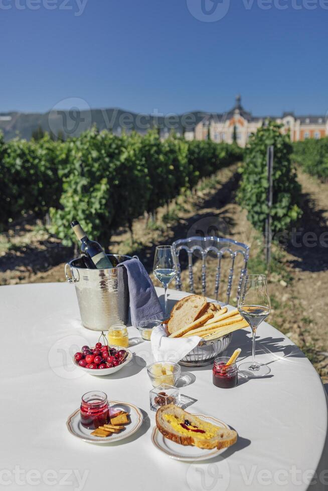 Elegant glass of delicious sparkling wine on background of table photo