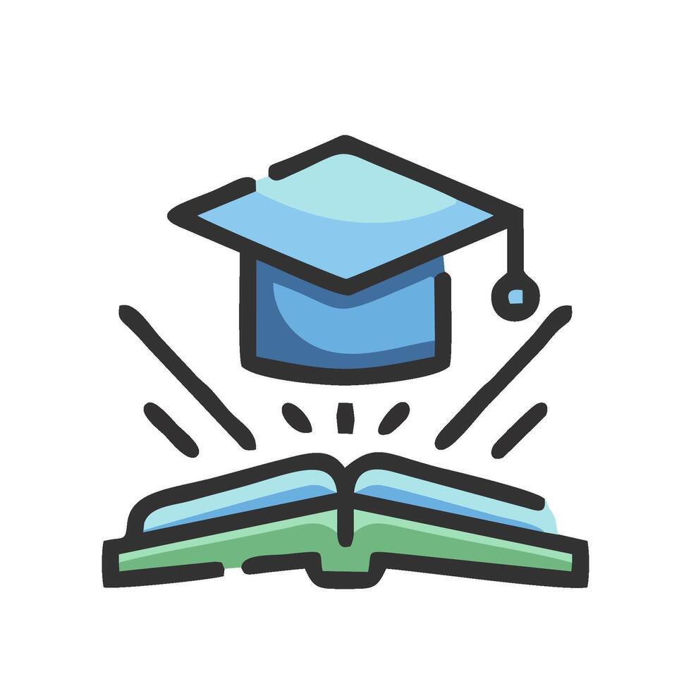an image of an open book with a graduation cap on top vector