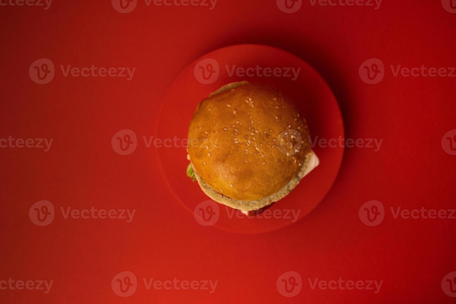 Delicious sandwich with cheese, ketchup, lettuce and cutlet is on a red round stage photo