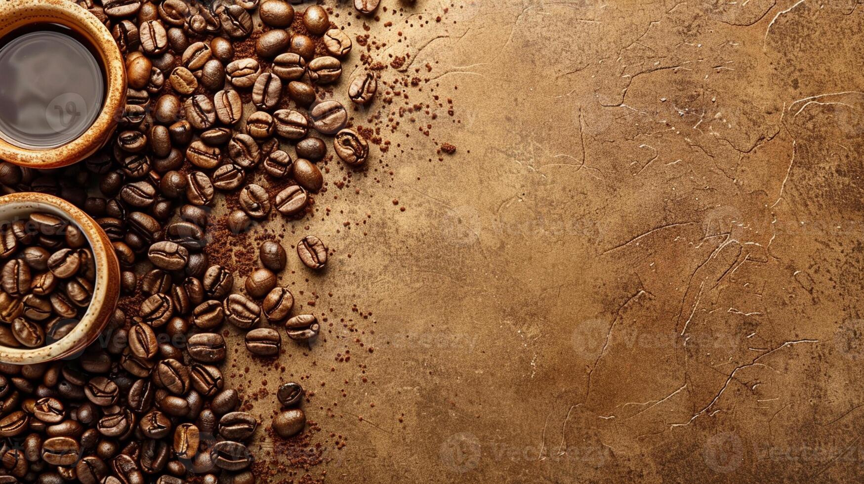 coffee beans and cups on a brown background photo