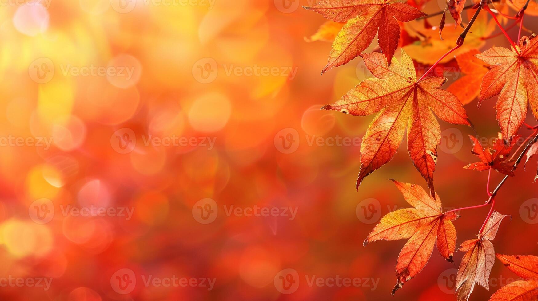 autumn leaves on a tree branch with a bright orange background photo