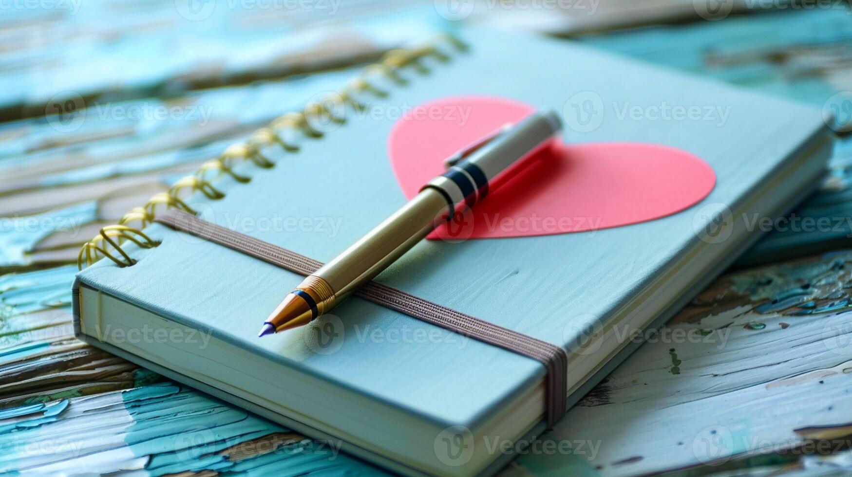 pen and heart on notebook with copy space photo