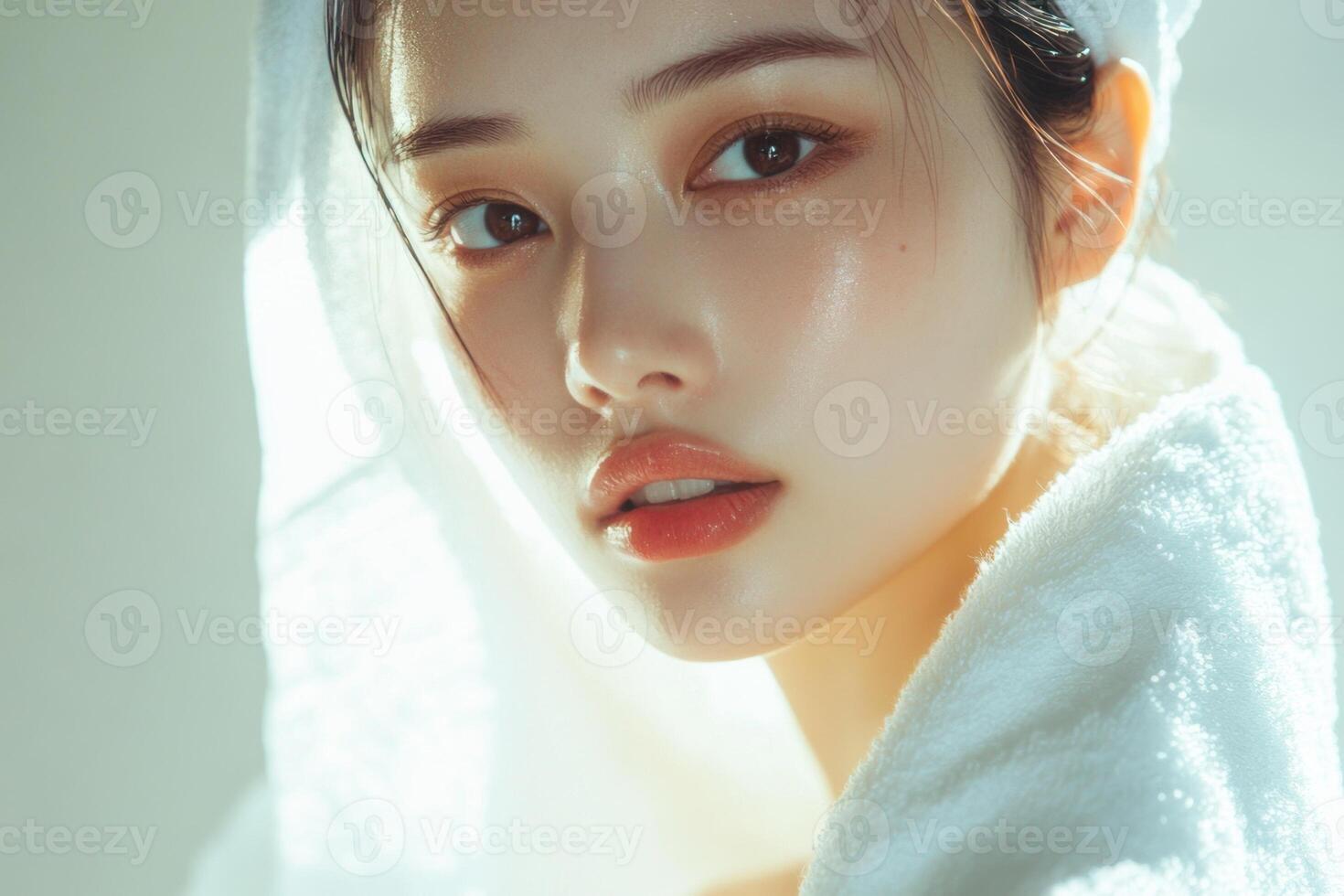 A beautiful woman with delicate skin a white towel wrapped around her shoulders. photo