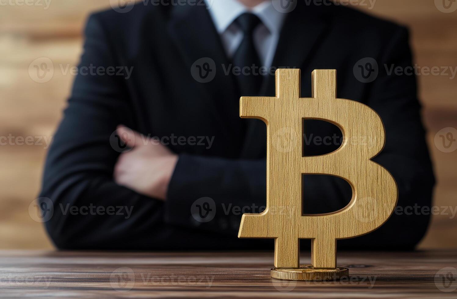 Wooden sign bitcoin on a table in front of a businessman isolated over a white background. photo