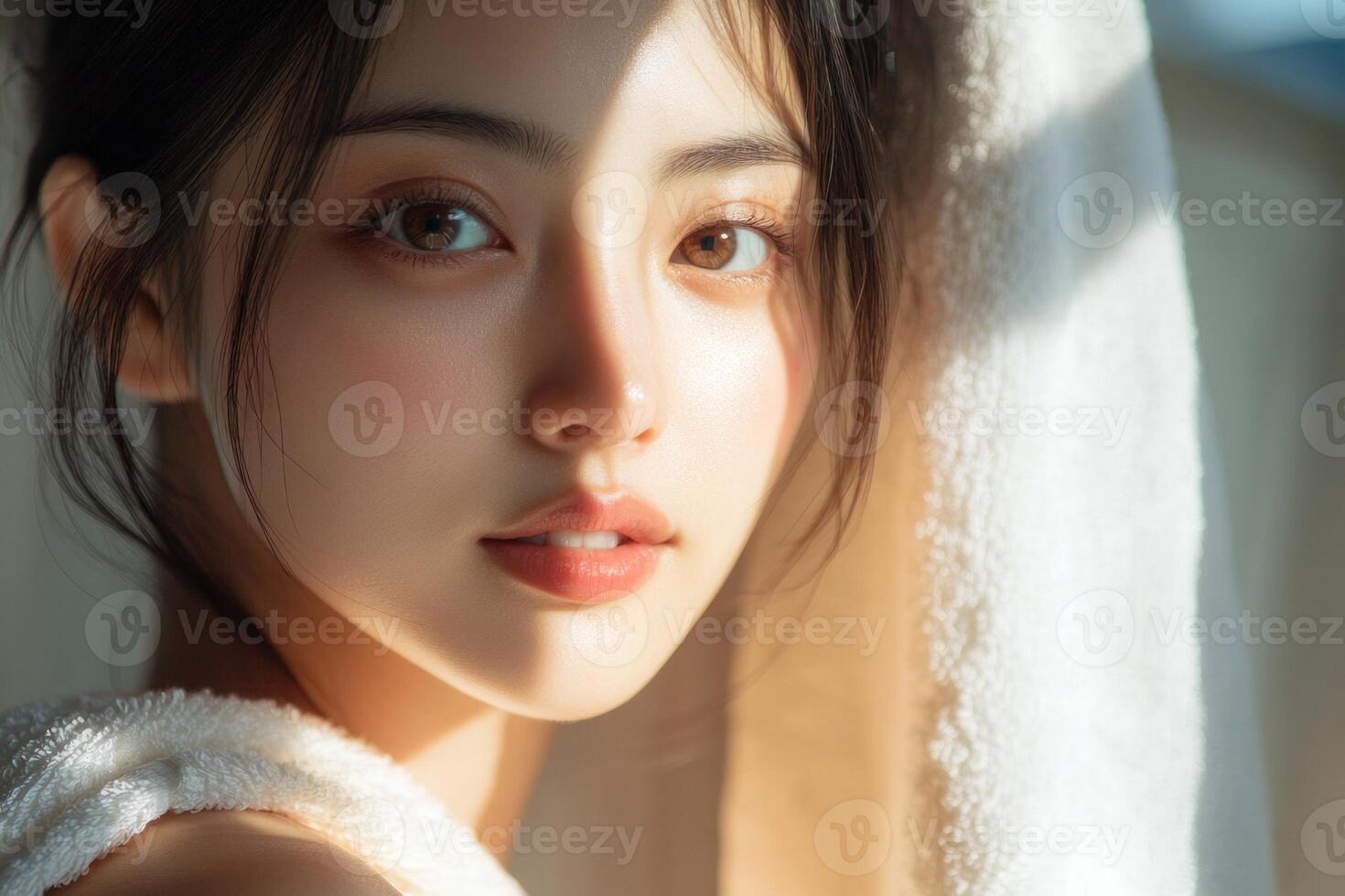 A beautiful woman with delicate skin a white towel wrapped around her shoulders. photo