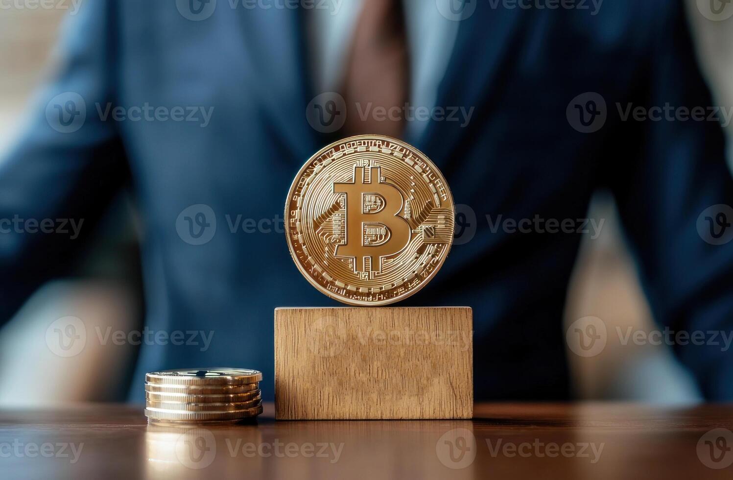 Wooden sign bitcoin on a table in front of a businessman isolated over a white background. photo