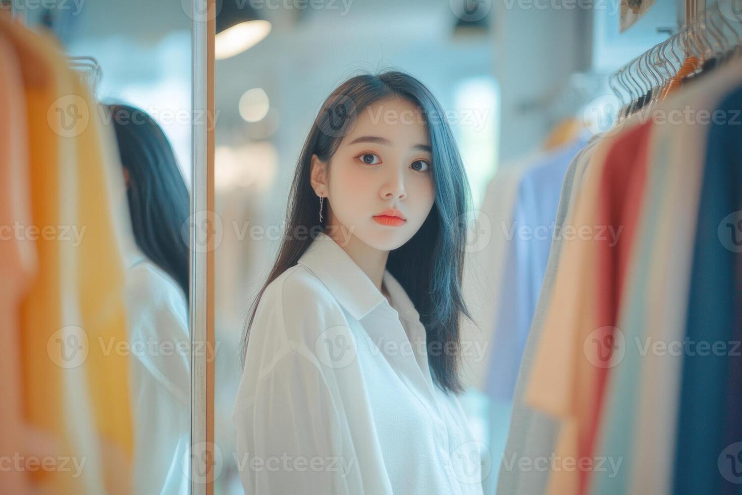 Beautiful woman is trying on in her home dressing room. photo